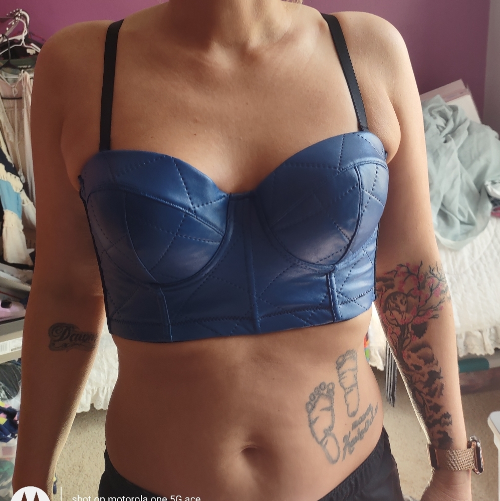 Host Pick The Callie Denim Blue Quilted VEGAN Leather Bustier Top LAST ONE LG😘 - Picture 3 of 9